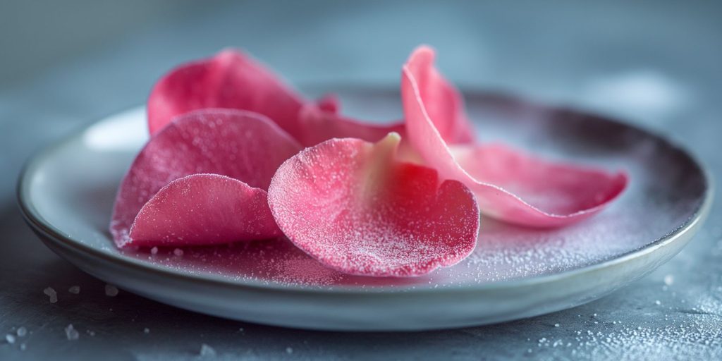 Pink sugared rose petals on a plate