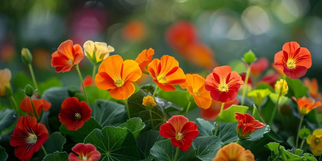 Close up of narsturtiums growing in a garden, backlit on a fresh morning