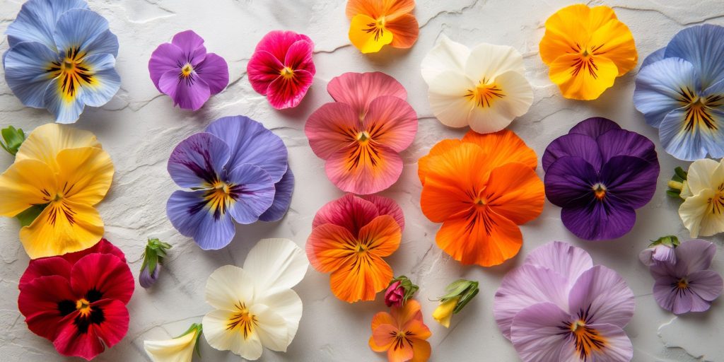 Close up top view of pansies of different colours on a white surface