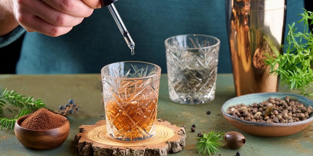 Close up of a home mixologist using a dropper to add umami bitters to an Old Fashioned cocktail