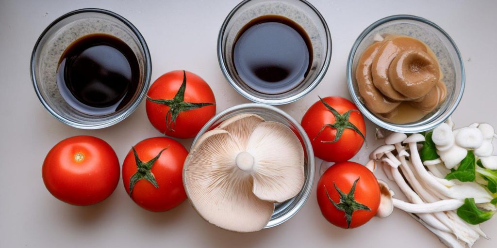 Top view of a collection of umami cocktail ingredients including tomatoes, oyster mushrooms and miso paste in little bowls