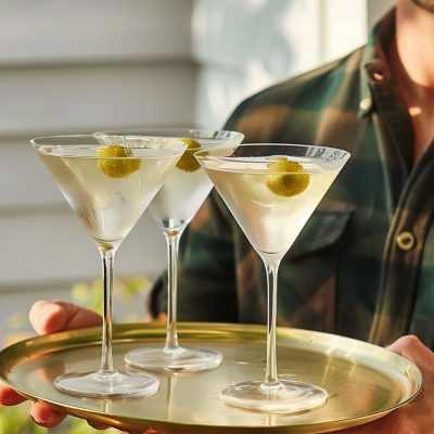 Close up of a man wearing a flannel shirt holding a tray with three Dirty Martini cocktails on it