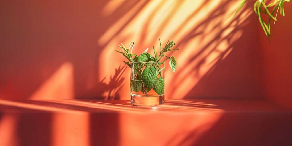 Front view of a cocktail made with fresh herbs presented on a burnt amber backdrop with light coming in through a nearby window casting dramatic shadows