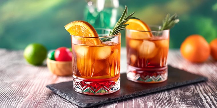 Two Añejo Old Fashioned cocktails with orange and rosemary garnish