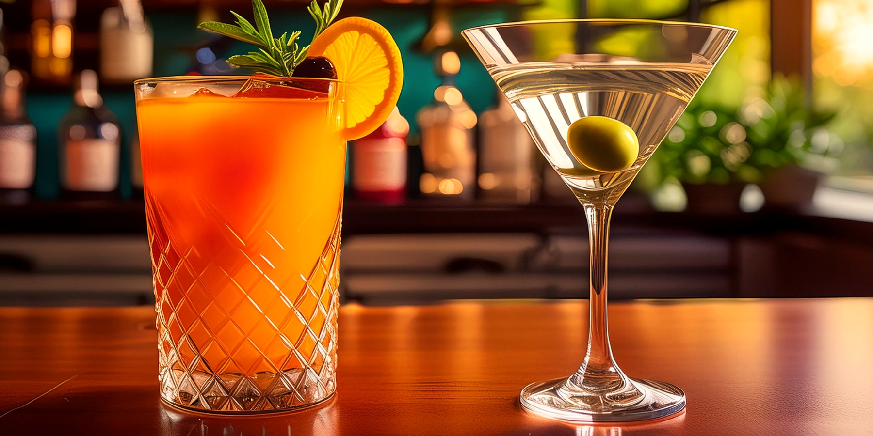 A Tequila Sunrise cocktail next to a classic Vodka Martini