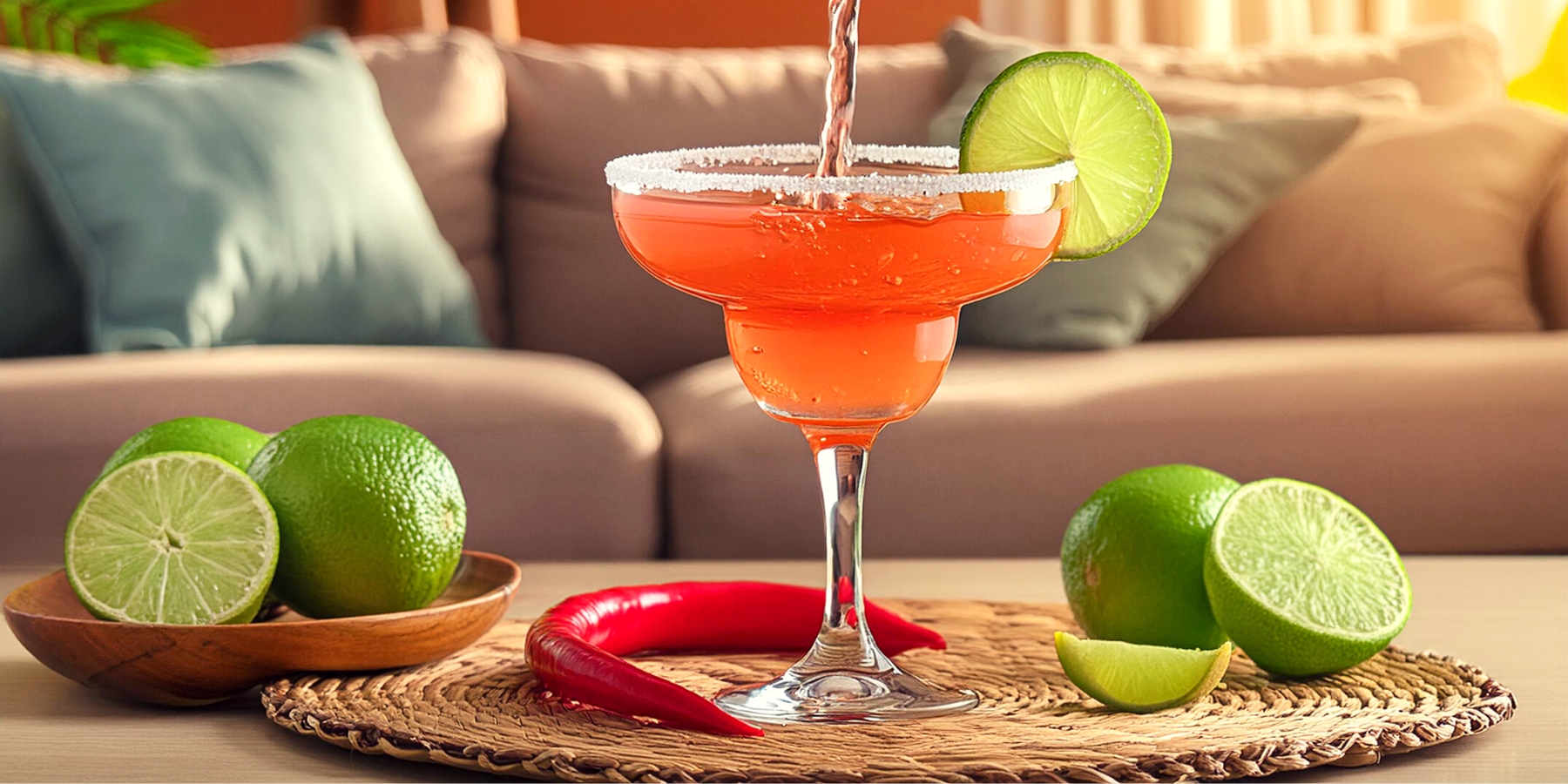 A pouring shot of a Spicy Margarita cocktail served in a modern lounge setting