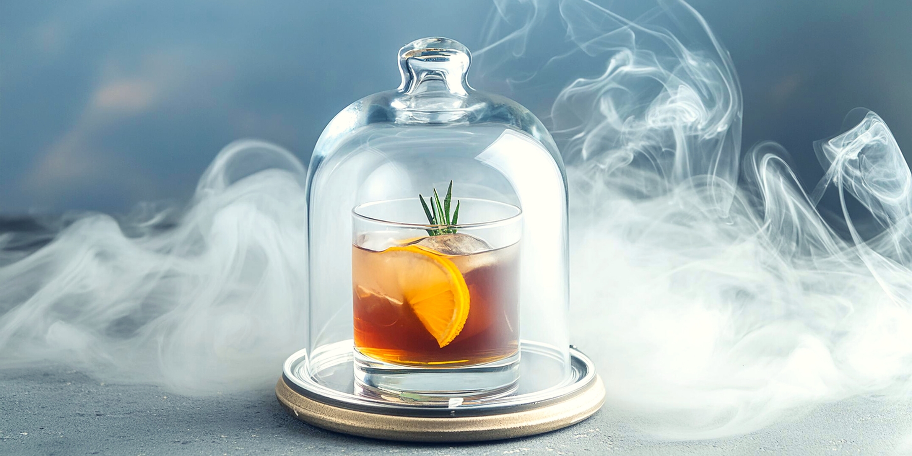 An Old Fashioned cocktail covered with a cloche and smoke swirling around the drink