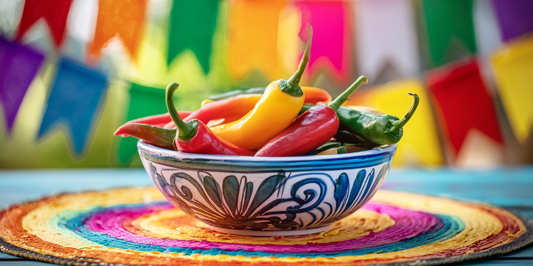 A close-up of a bowl of colourful chillies