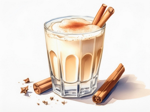 Classic colour illustration of a Horchata cocktail with cinnamon stick garnish