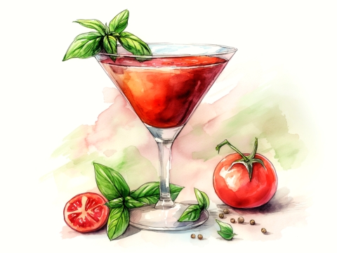Classic colour illustration of a Tomato Martini with basil garnish