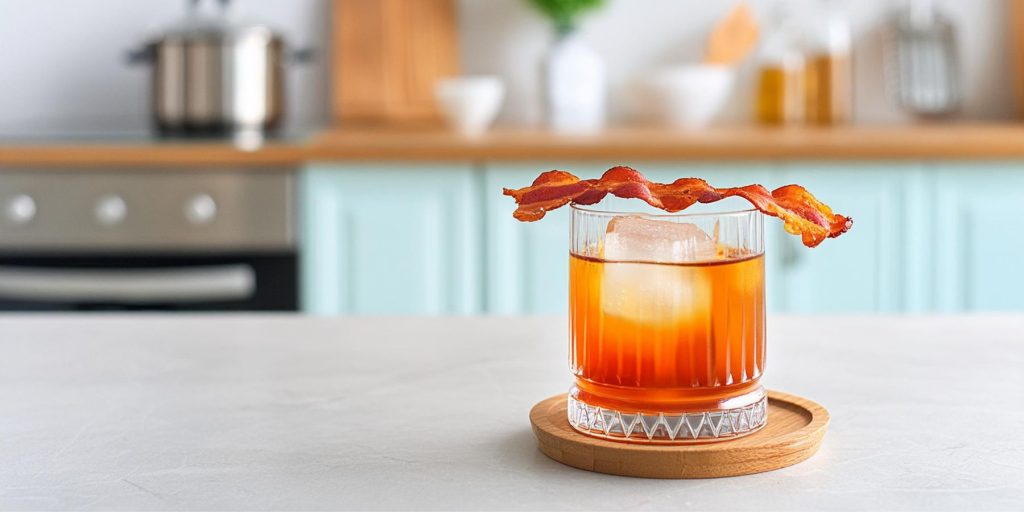 Close up of an Old Fahioned cocktail garnished with a piece of crispy bacon over the top of the glass droë