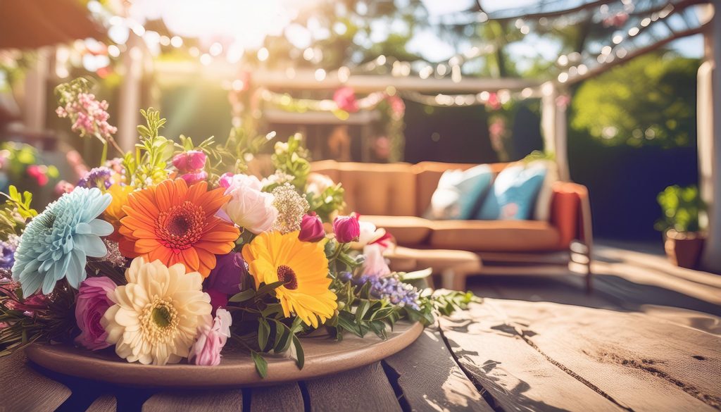 Closeup of spring flowers, outdoor seating in the background