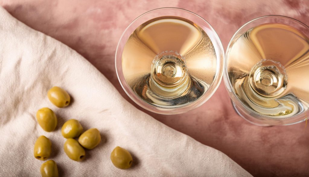 An overhead shot of a gin martini and a vodka martini on a dusty pink surface with olives to the side
