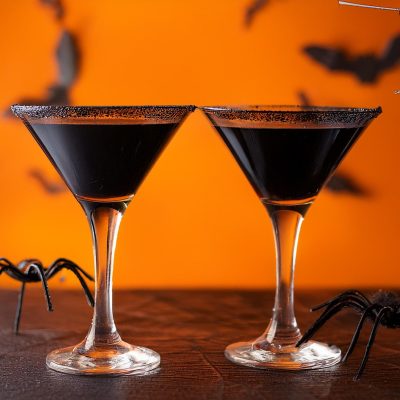 Two Black Magic cocktails served in Martini glasses, orange background with Halloween bats and spider decor