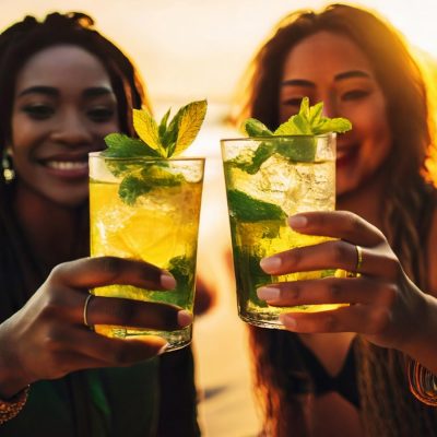 Two women clinking together Wray and Nephew Rum cocktails on a Jamaican beach at sunset