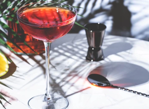A vibrant sherry cocktail in a coupe glass with red hues, placed on a bright white table with tropical shadows and bar tools in the background.