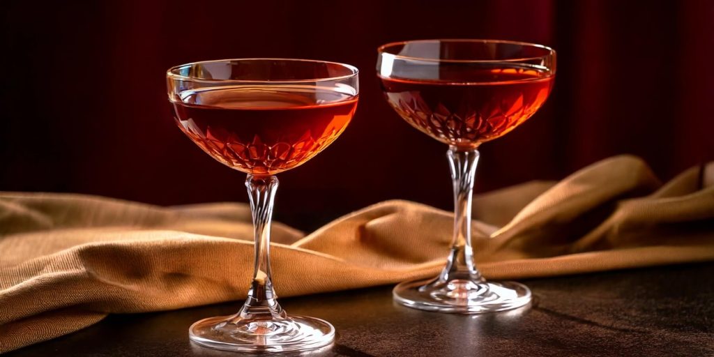 Two elegant coupe glasses filled with the deep amber-hued Rio cocktail, set against a backdrop of rich red drapery with a soft golden fabric adding a touch of luxury to the scene. 