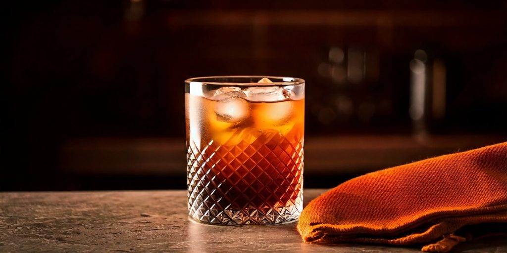 A glass of Italian Bird cocktail filled with a dark, amber-hued drink, with an orange cloth napkin resting beside it on a dimly lit counter. 