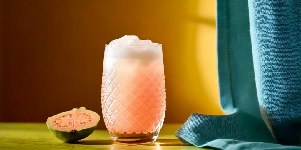 A Guava Vodka Sour with white foamy top, yellow and blue themed background