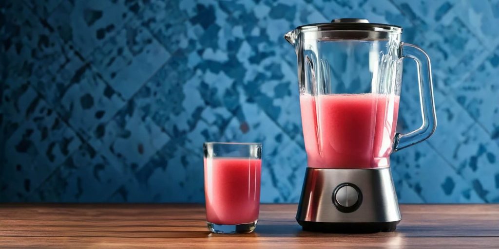 A blender filled with guava juice, next to a glass of juice, blue background