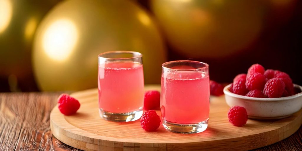 Two bright pink Raspberry Lemon Drop shots in short glasses, styled with fresh raspberries and soft golden light in the background.