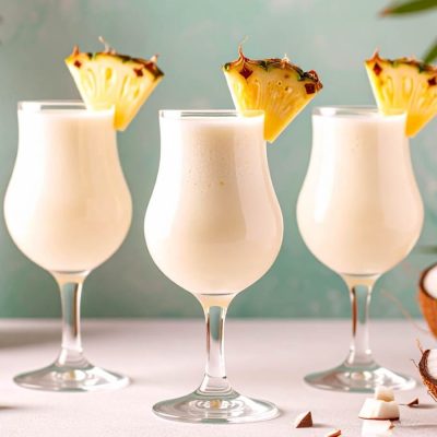 Three elegant Piña Coladas with fresh pineapple wedge garnish, next to halved coconuts