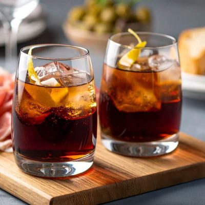 Two Cynar Negronis served with aperitivo hour bites