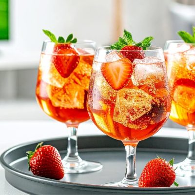 Three Strawberry Negroni Sbagliato cocktails with Wimbledon tennis match in the background