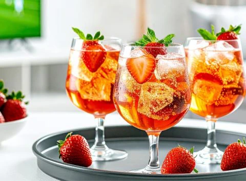 Three Strawberry Negroni Sbagliato cocktails with Wimbledon tennis match in the background