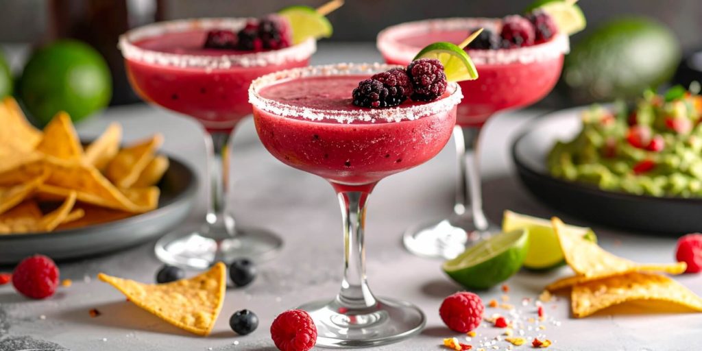 Three Frozen Mixed Berry Margaritas with skewered frozen berry garnish