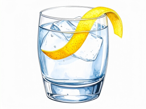 Colour illustration of a Gin and tonic with a lemon peel garnish