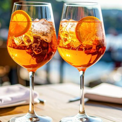 Close-up of two Aperol Spritz cocktails served at an Italian cafè