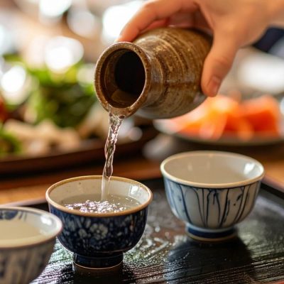 Close-up of a hand pouring sake into traditional clay cups