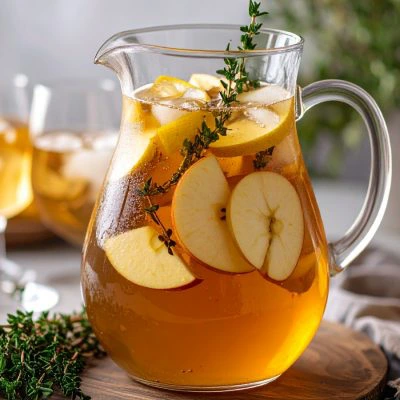 A glass pitcher of Thanksgiving batch cocktail Apple Cider Bourbon Punch, filled with ice, sliced apples, and sprigs of thyme. In the background are glasses of punch and fresh apples on a cozy indoor table.