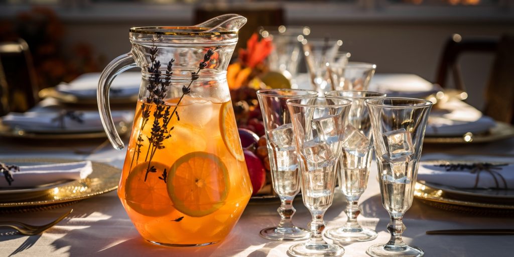 A glass pitcher filled with an orange-hued Thanksgiving batch cocktail, Autumn Gin + Citrus Punch, infused with ice, lemon and orange slices, and sprigs of lavender. Set on an elegant dinner table with crystal glasses and fall décor.