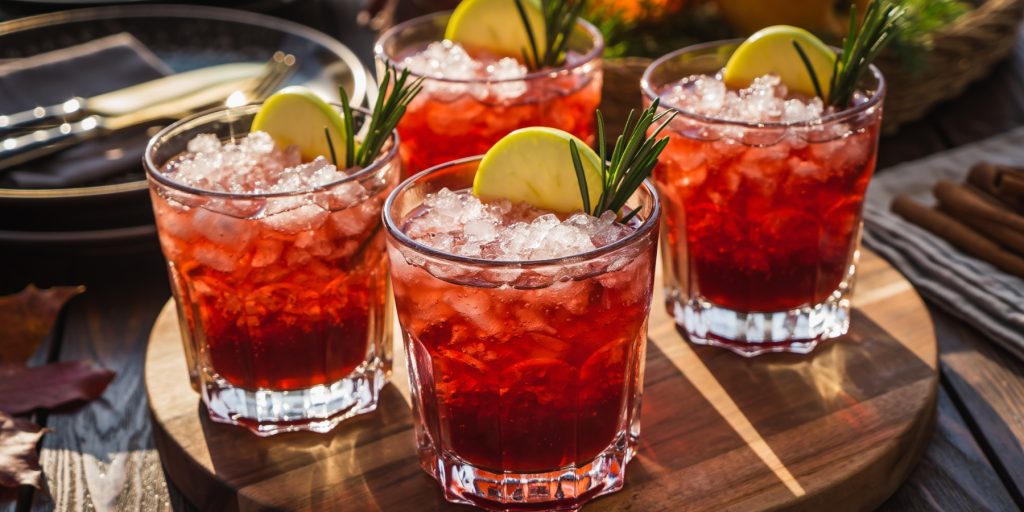 Several glasses of the Thanksgiving batch cocktail Cran-Apple Whiskey Smash, served over crushed ice with a garnish of green apple slices and rosemary sprigs. The drinks are deep red and set against a rustic outdoor table with fall leaves.