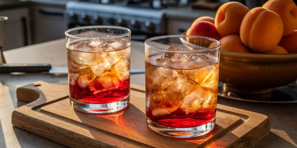 Two Día de Campo Argentinian cocktails in old-fashioned glasses filled with ice, glowing with a red-to-gold gradient. The drinks sit on a wooden board in a warmly lit kitchen, with a bowl of apricots in the background. 