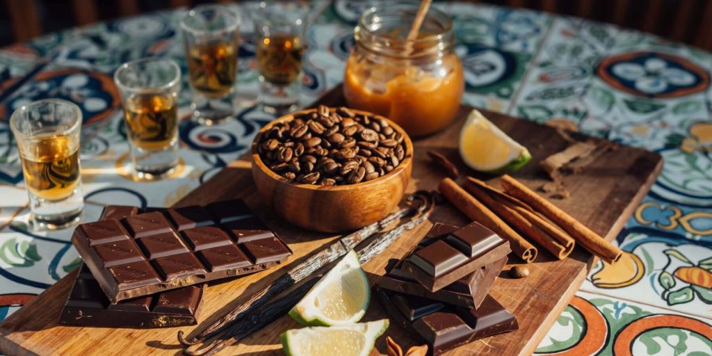 An array ingredients used to make Mexican dessert cocktails, including chocolate, spices, coffee and dulce de leche