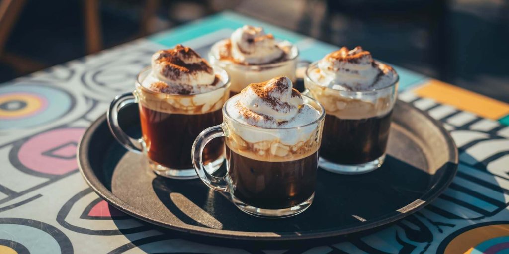 A tray of four Mexican Hot Chocolate cocktails topped with whipped cream