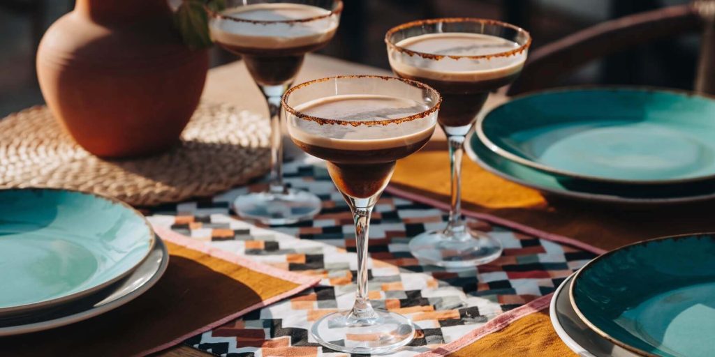 Three Tequila Espresso Martinis in coupe glasses