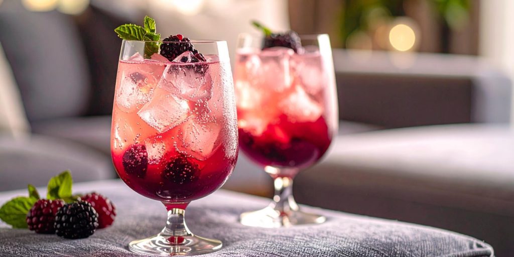 Two Sarti Berry Smash drinks with fresh berry garnish