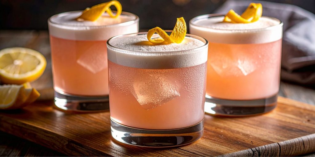 Two Sarti Pink Sours with foamy tops and lemon peel garnish