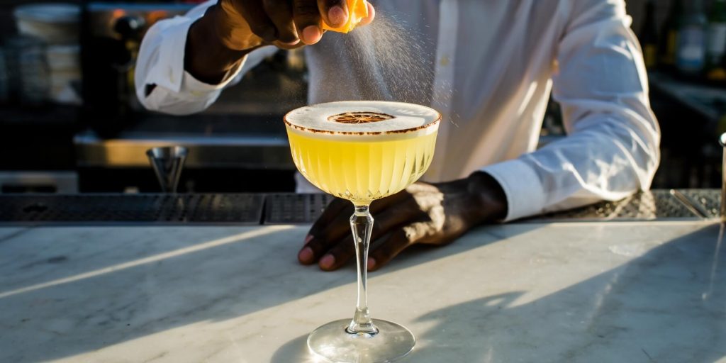 A whiskey sour cocktail in a coupe glass with a bartender squeezing lemon over it
