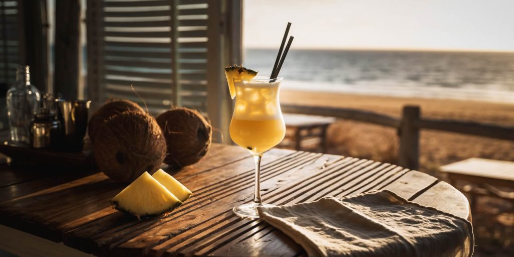 A jungle bird cocktail surrounded by coconuts and pineapples on a rustic table overlooking the beach