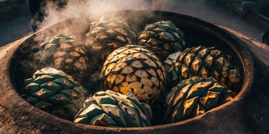 Blue agave cores steaming in a traditional clay oven