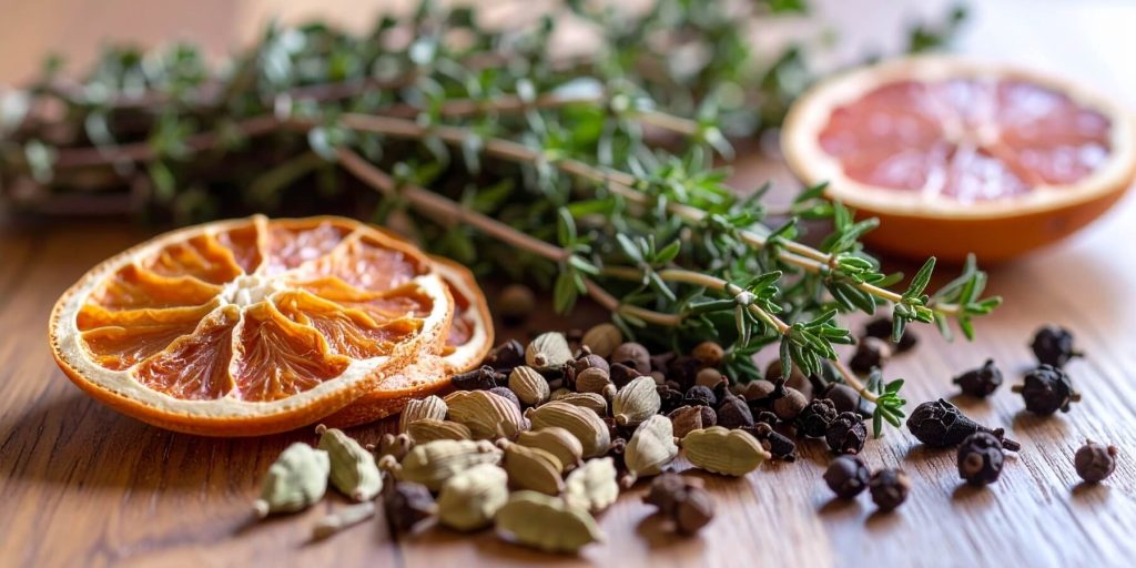 A wooden table with fresh herbs, spices and dried oranges.