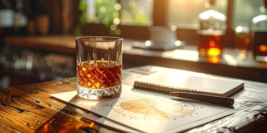 A glass of bourbon on a rustic wooden table with a bourbon flavor wheel diagram.