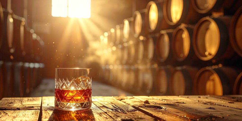 A glass of bourbon in a rickhouse surrounded by barrels with sunlight pouring through a window.