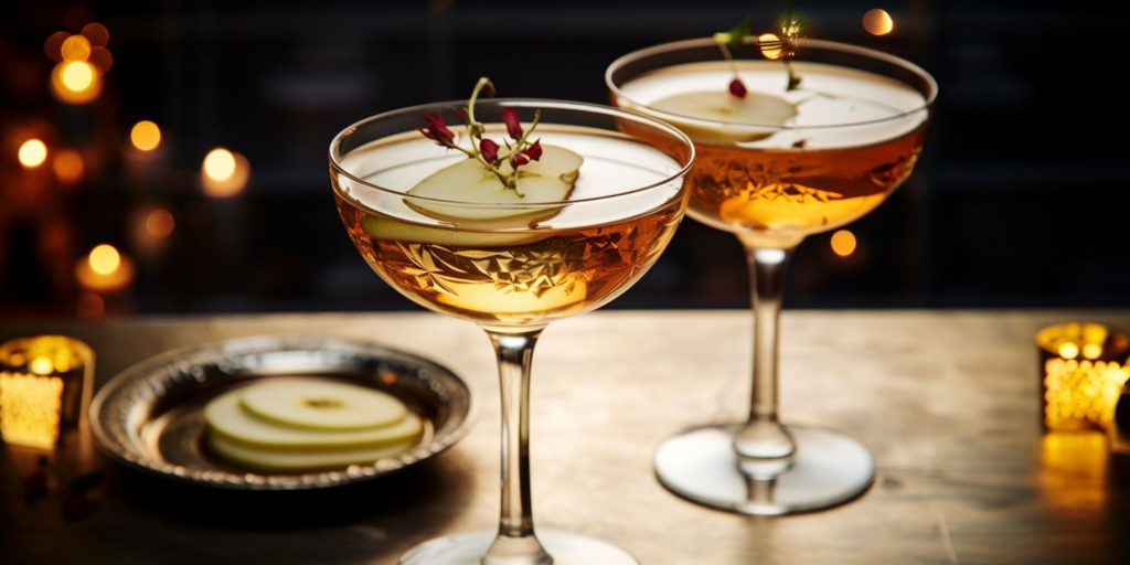 Editorial style image of two Big Apple Manhattan cocktails on a table in a home lounge at Christmastime with festive decor