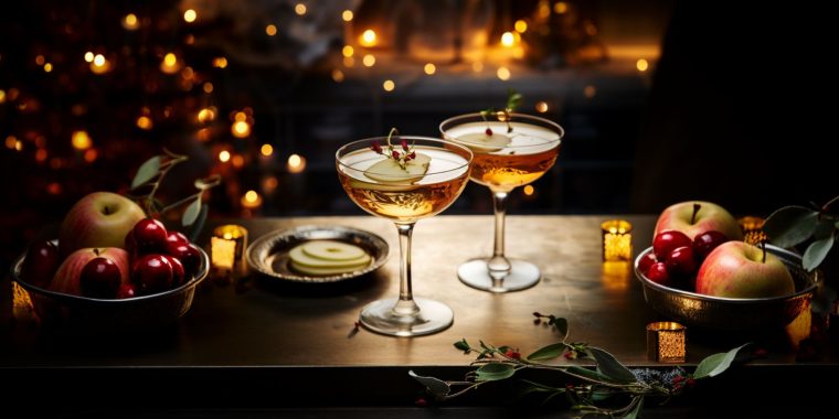 Wide shot of two bourbon Christmas cocktails in coupe glasses on a table in a home lounge at night dressed for the festive season with twinkly lights and Christmas decorations